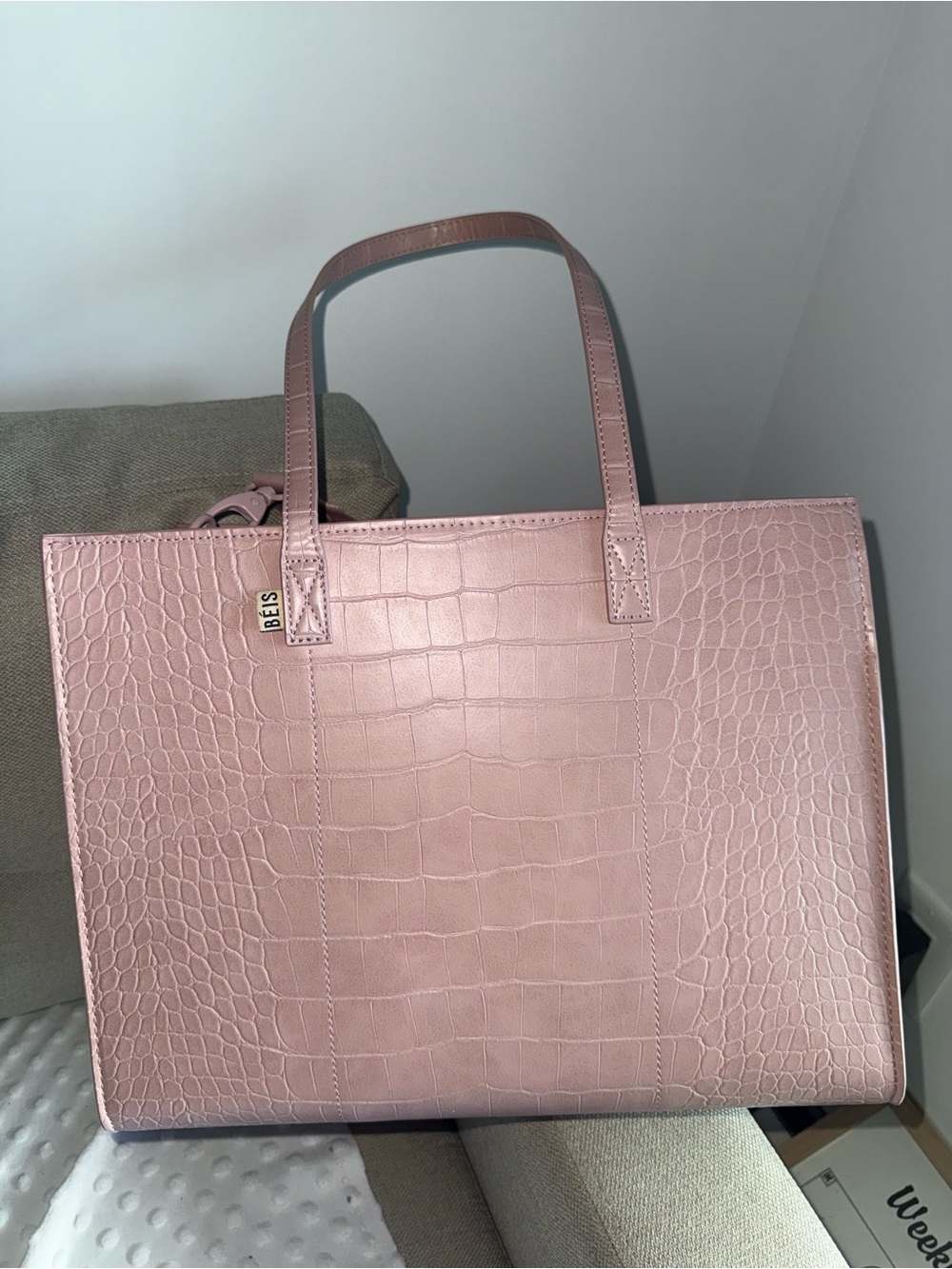 BEIS Pink Croc-Embossed Tote Bag